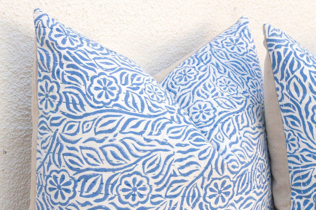 Jodhpur Garden, Blue & White Floral Block Print Pillows, Pair