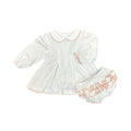 100% PIMA Cotton Ruffle Dress and Bloomer Set with Peach Picot Trim