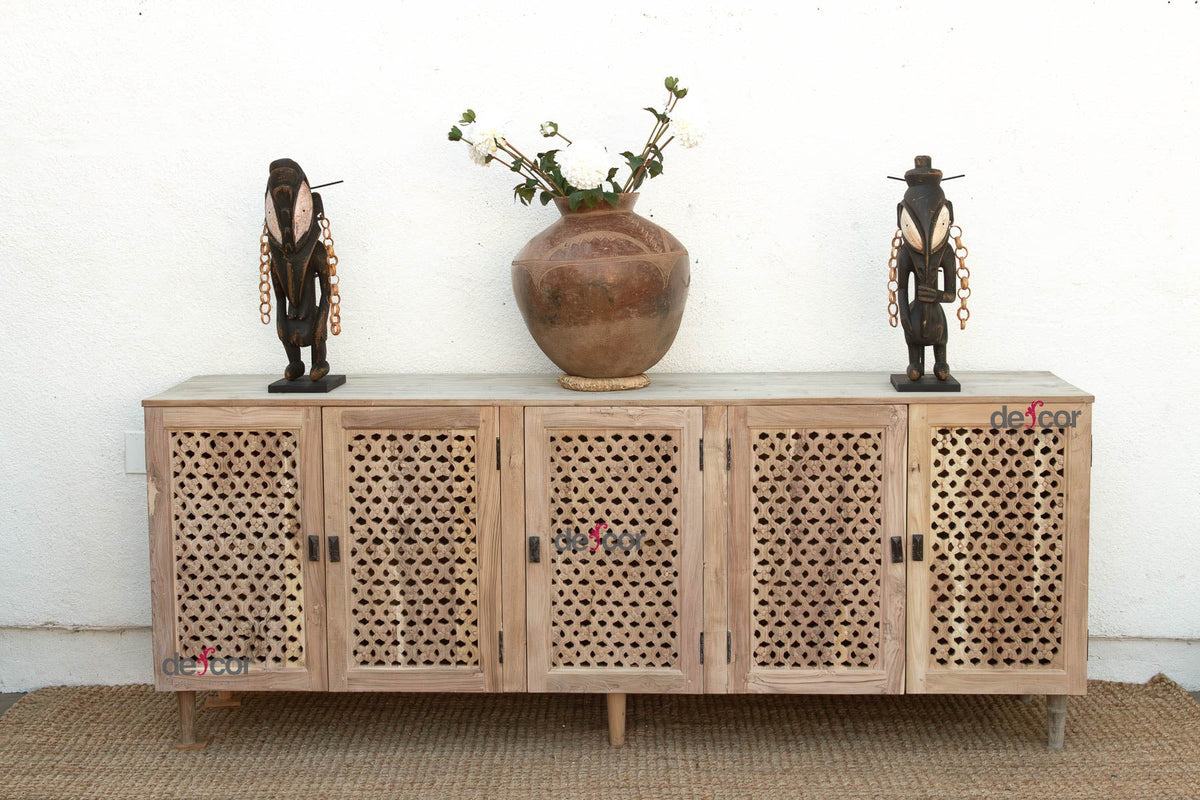 88" Long Sun Bleached Jali Floral Carved Credenza
