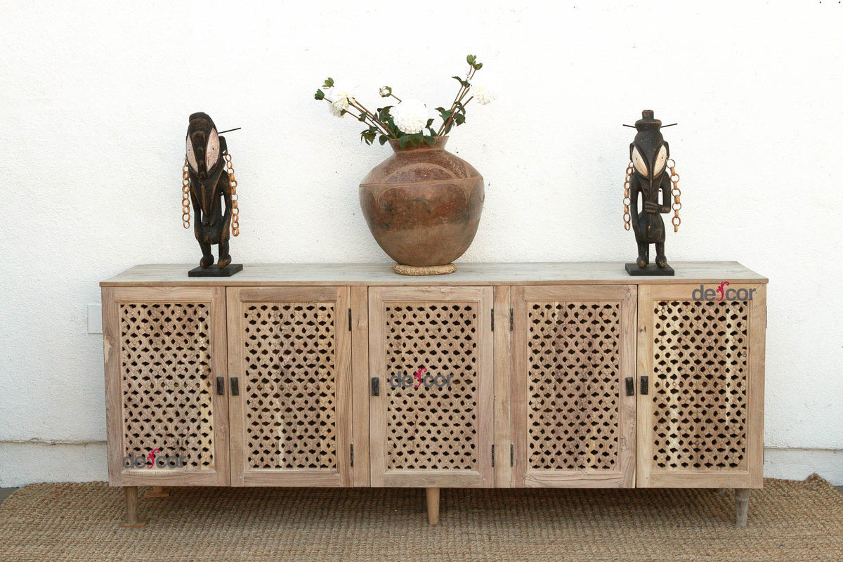 88" Long Sun Bleached Jali Floral Carved Credenza