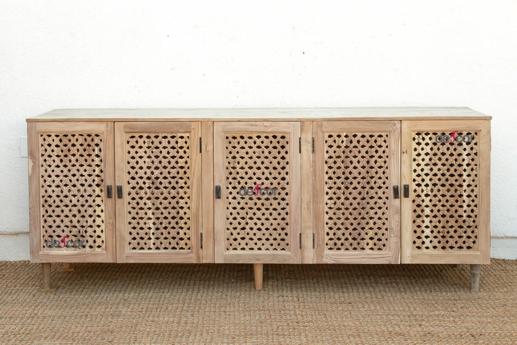 88" Long Sun Bleached Jali Floral Carved Credenza