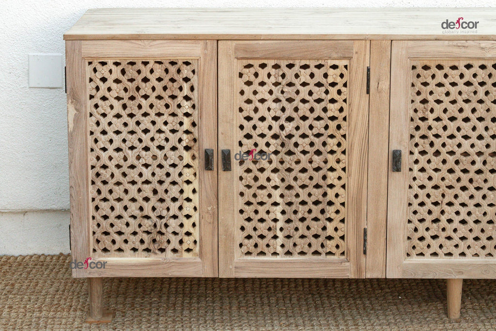 88" Long Sun Bleached Jali Floral Carved Credenza