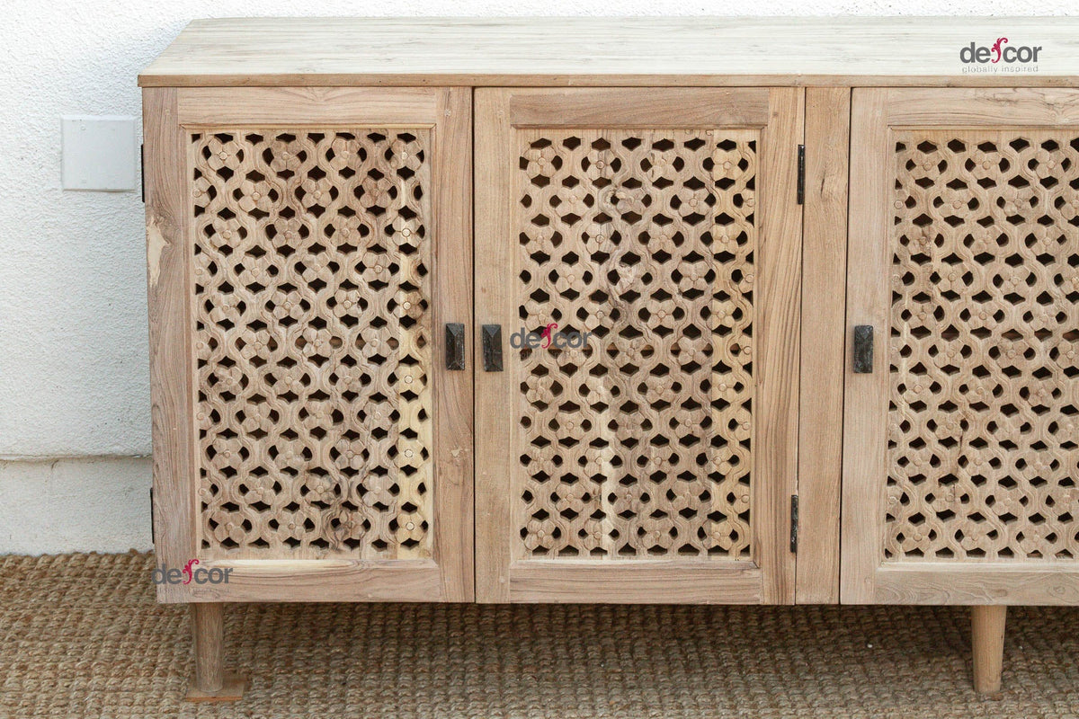 88" Long Sun Bleached Jali Floral Carved Credenza