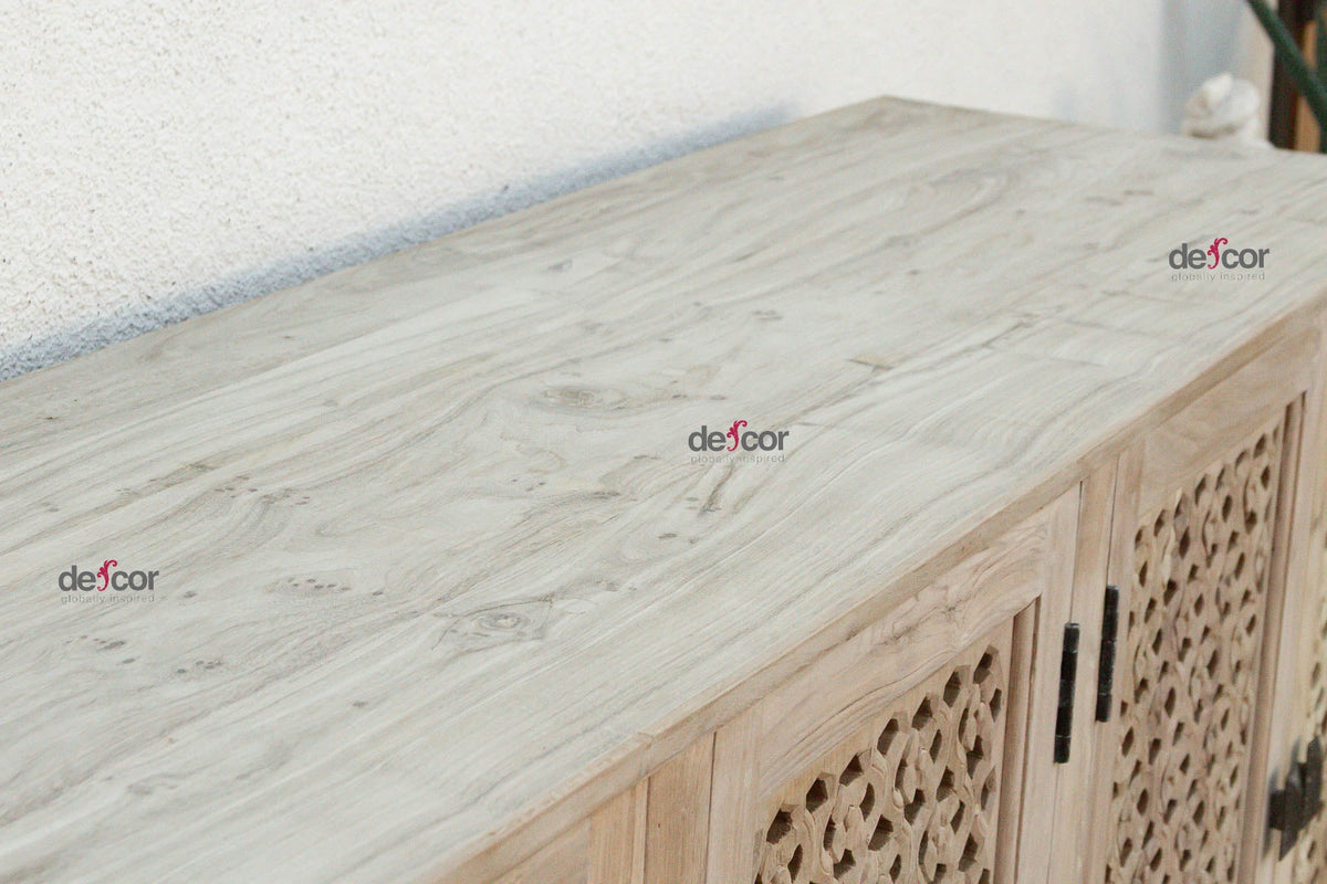 88" Long Sun Bleached Jali Floral Carved Credenza