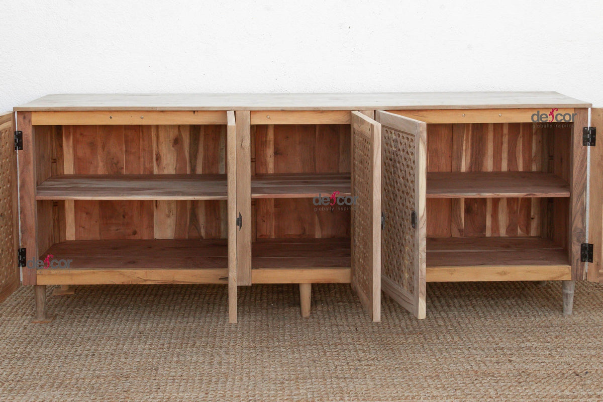 88" Long Sun Bleached Jali Floral Carved Credenza