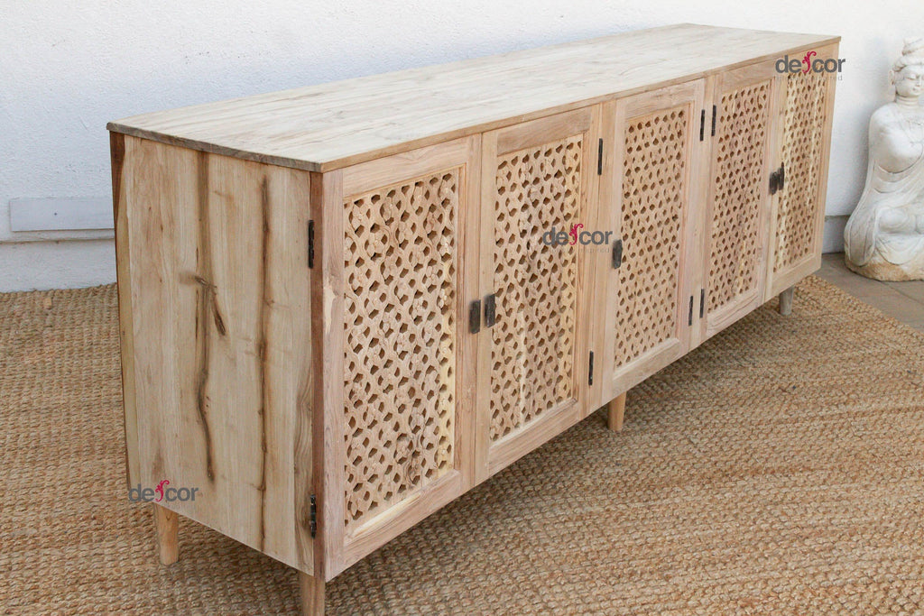 88" Long Sun Bleached Jali Floral Carved Credenza