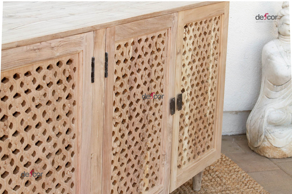 88" Long Sun Bleached Jali Floral Carved Credenza