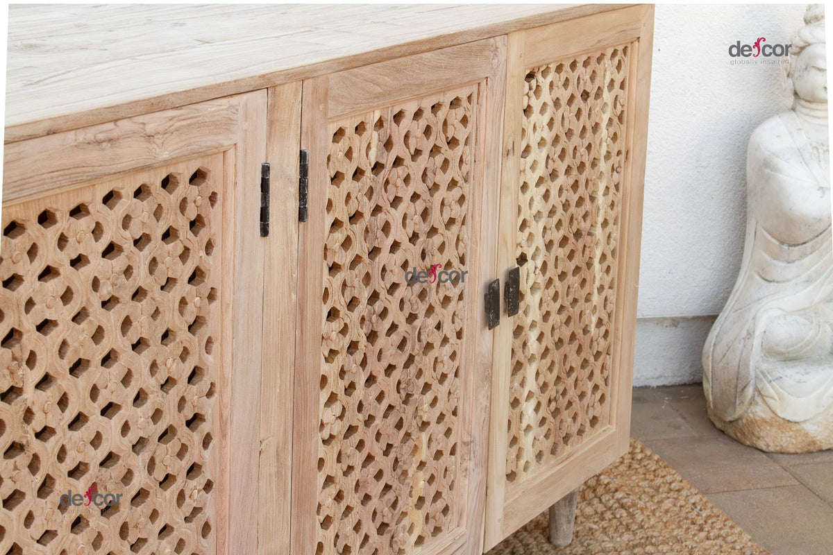 88" Long Sun Bleached Jali Floral Carved Credenza