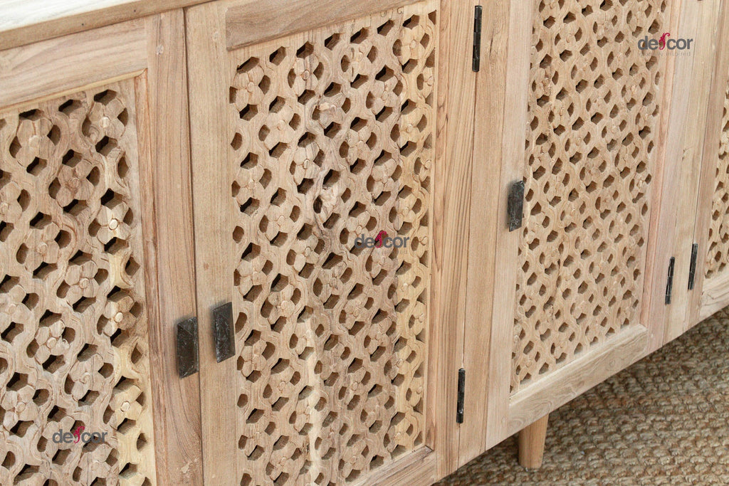 88" Long Sun Bleached Jali Floral Carved Credenza