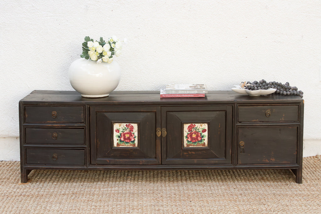 The Floral Archivist, Antique Painted Chinese Kang Cabinet