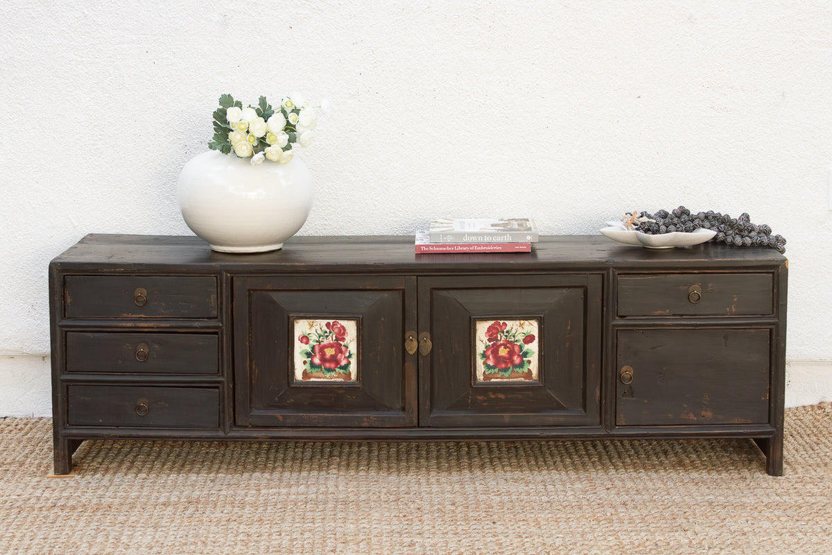 The Floral Archivist, Antique Painted Chinese Kang Cabinet