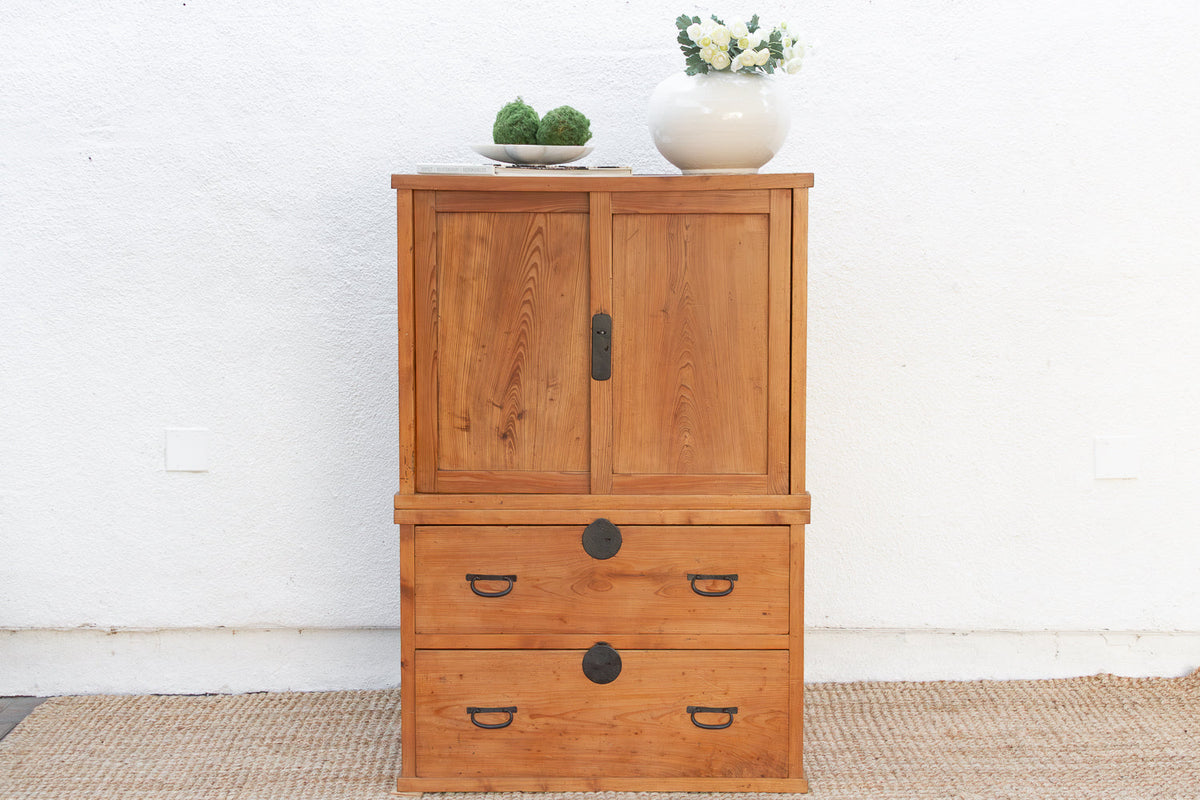 Antique Two-Part Tall Japanese Tansu Cabinet