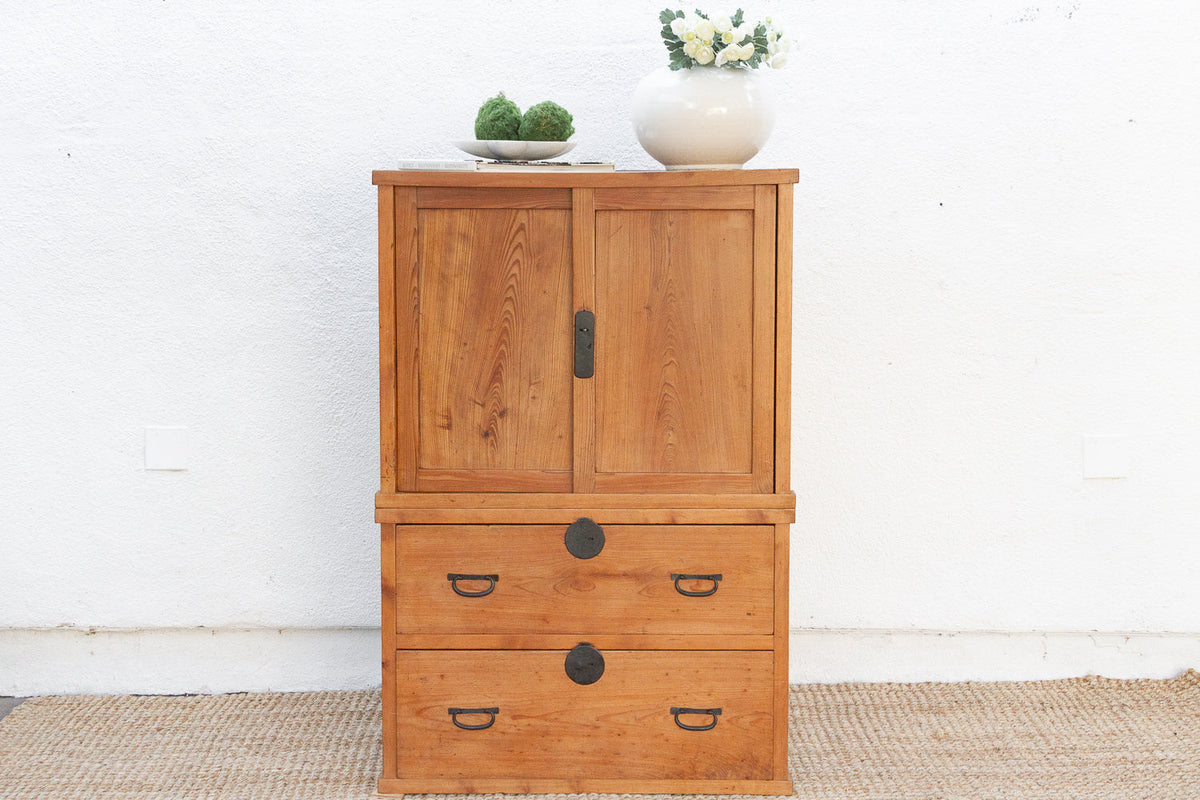 Antique Two-Part Tall Japanese Tansu Cabinet