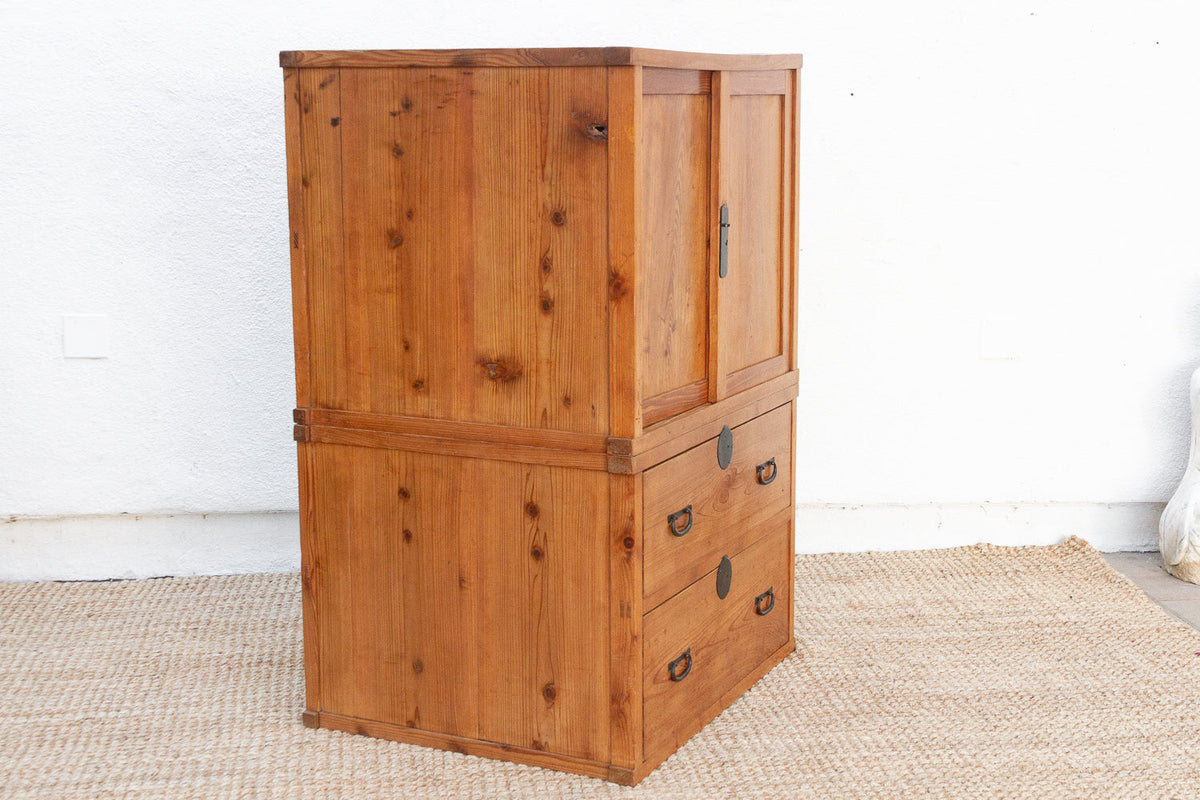 Antique Two-Part Tall Japanese Tansu Cabinet