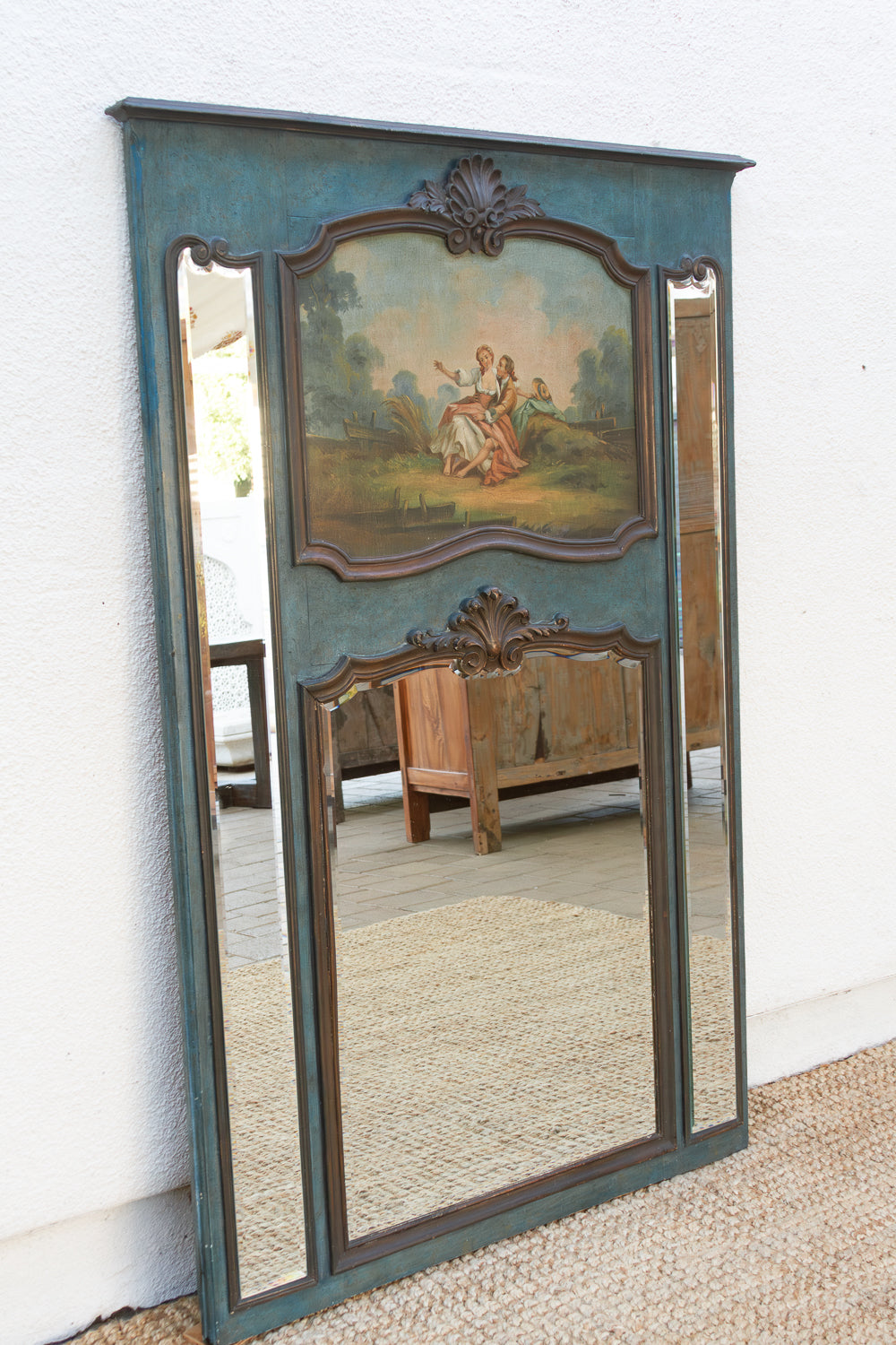 Rococo Blue, Antique French Beveled Trumeau Mirror