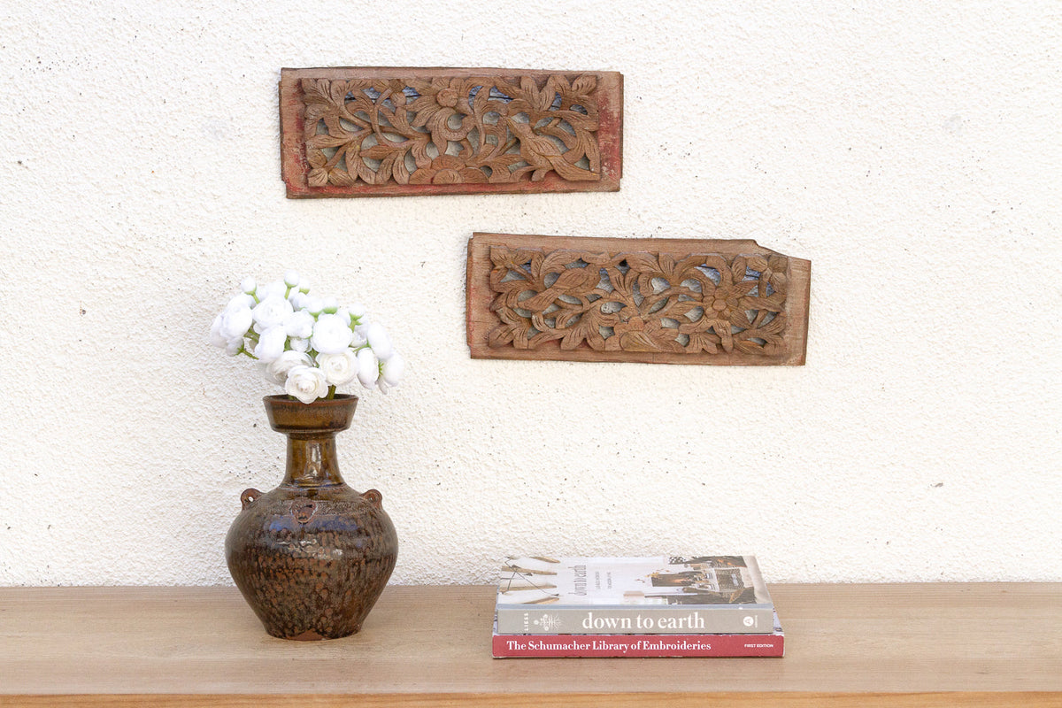 Antique Set of 2 Floral Carved Panels