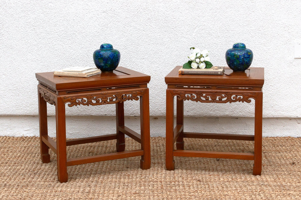 Pair of Vintage Carved Elm & Burr End Tables