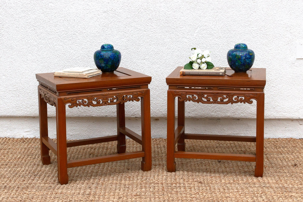 Pair of Vintage Carved Elm & Burr End Tables