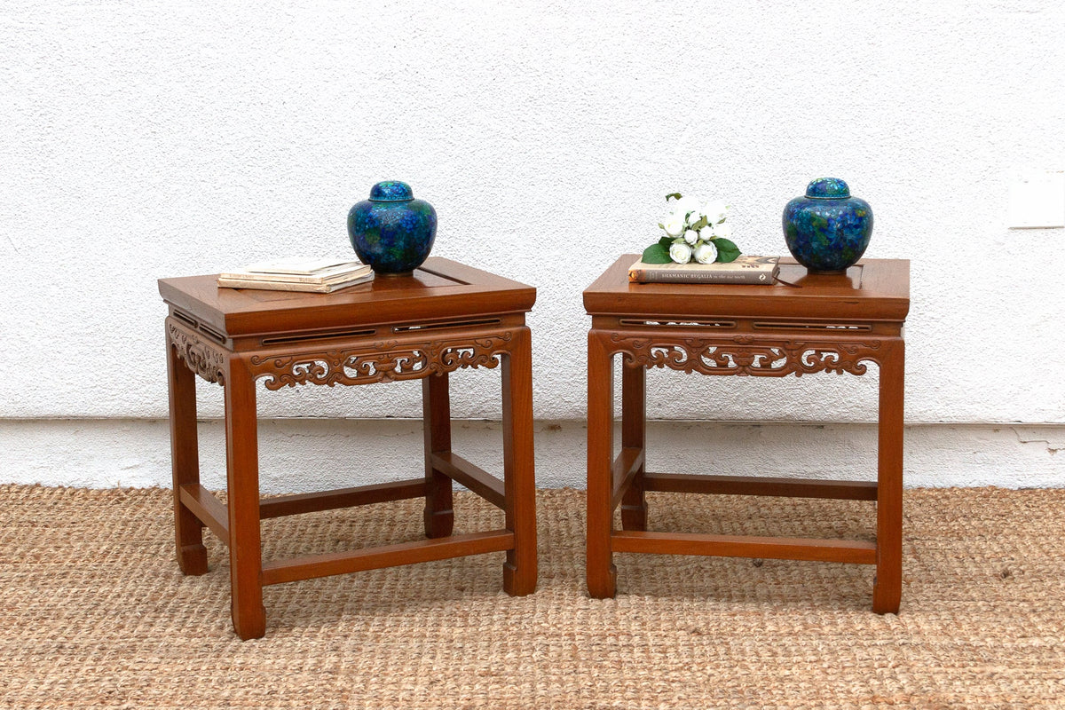 Pair of Vintage Carved Elm & Burr End Tables