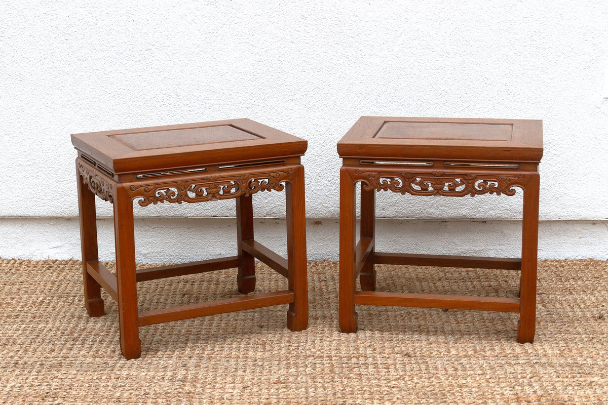 Pair of Vintage Carved Elm & Burr End Tables