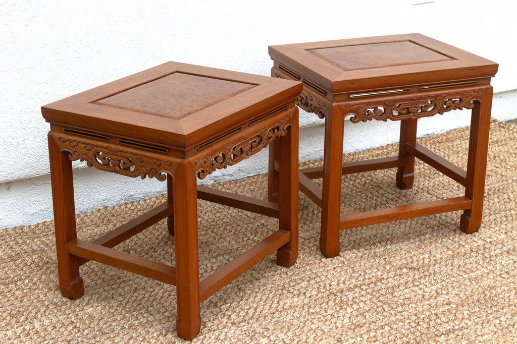 Pair of Vintage Carved Elm & Burr End Tables