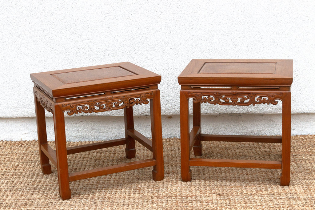 Pair of Vintage Carved Elm & Burr End Tables