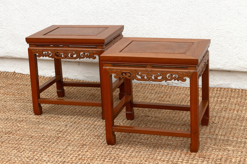 Pair of Vintage Carved Elm & Burr End Tables