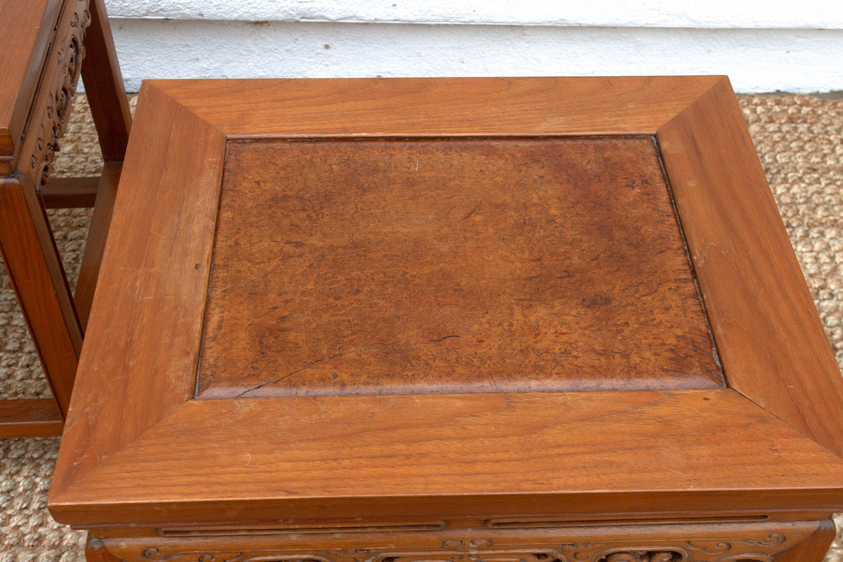 Pair of Vintage Carved Elm & Burr End Tables