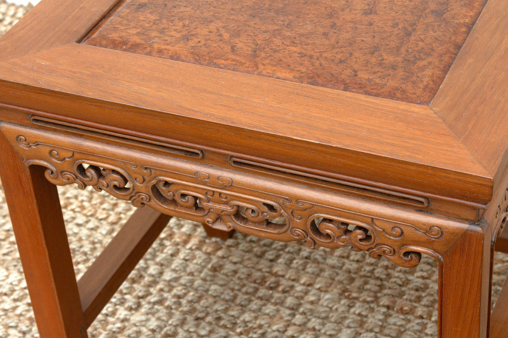 Pair of Vintage Carved Elm & Burr End Tables