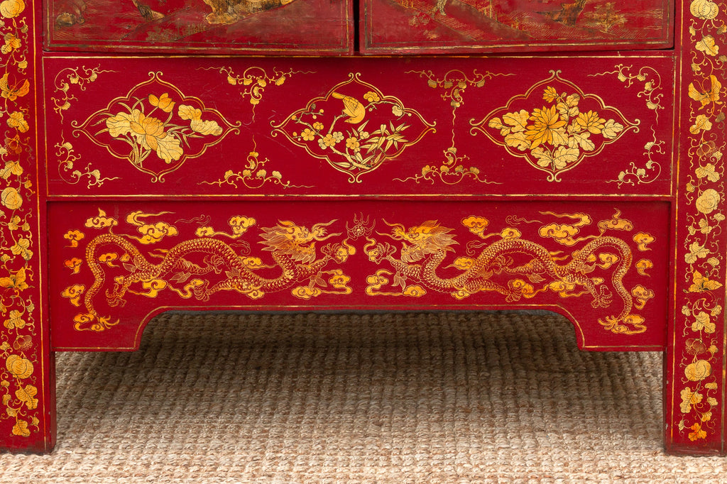 Antique Oriental Red & Guilt Lacquered Armoire