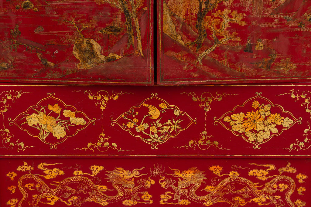 Antique Oriental Red & Guilt Lacquered Armoire
