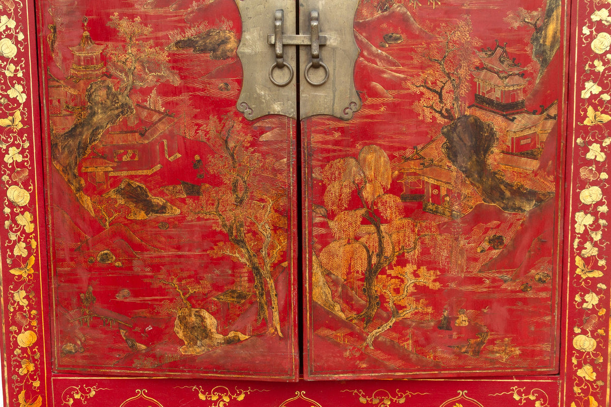 Antique Oriental Red & Guilt Lacquered Armoire