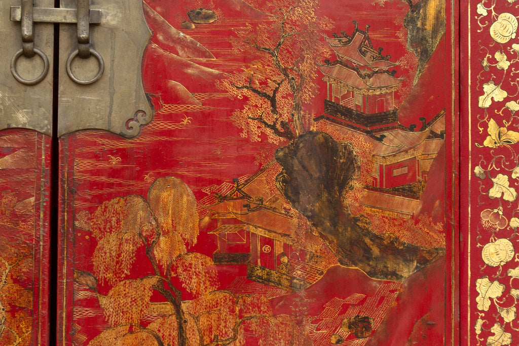 Antique Oriental Red & Guilt Lacquered Armoire