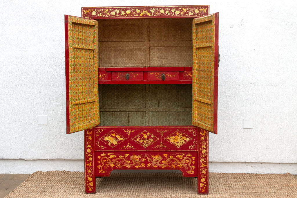 Antique Oriental Red & Guilt Lacquered Armoire