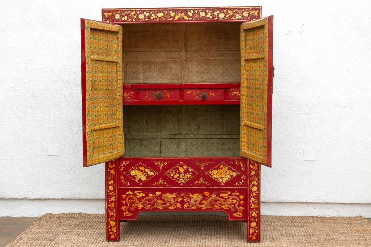 Antique Oriental Red & Guilt Lacquered Armoire
