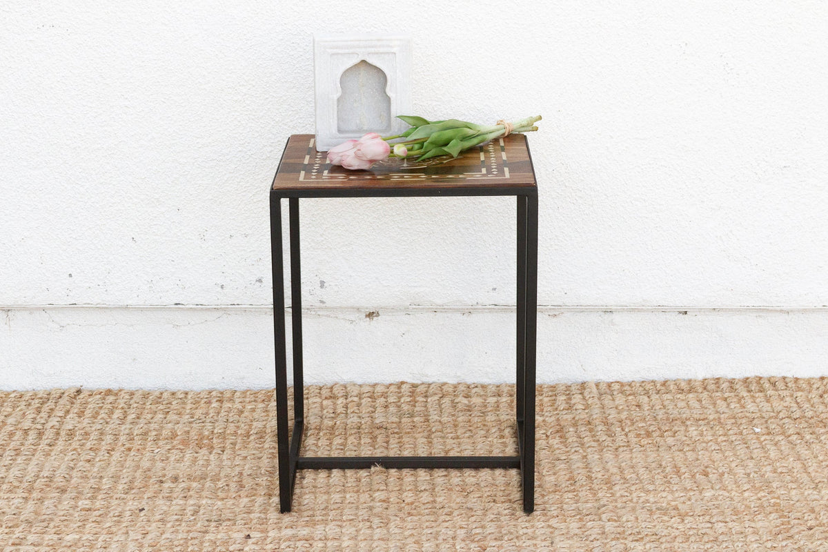 Modern Iron & Inlaid Wood Side Table