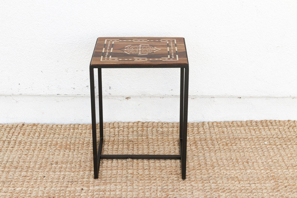 Modern Iron & Inlaid Wood Side Table