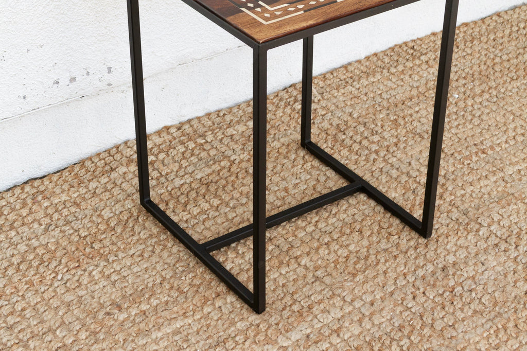 Modern Iron & Inlaid Wood Side Table