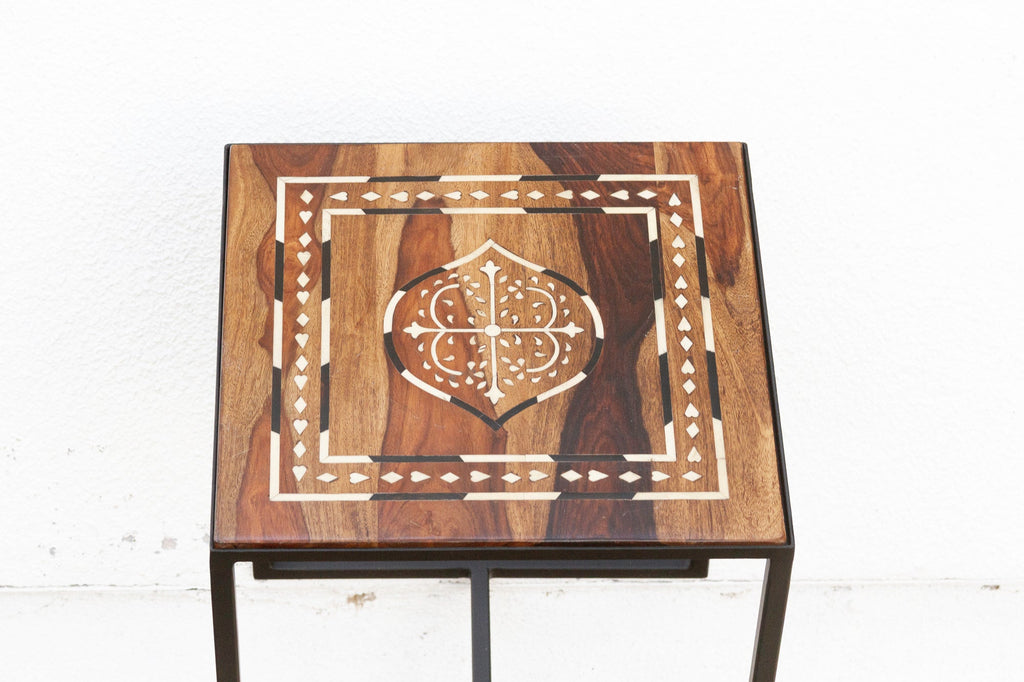 Modern Iron & Inlaid Wood Side Table