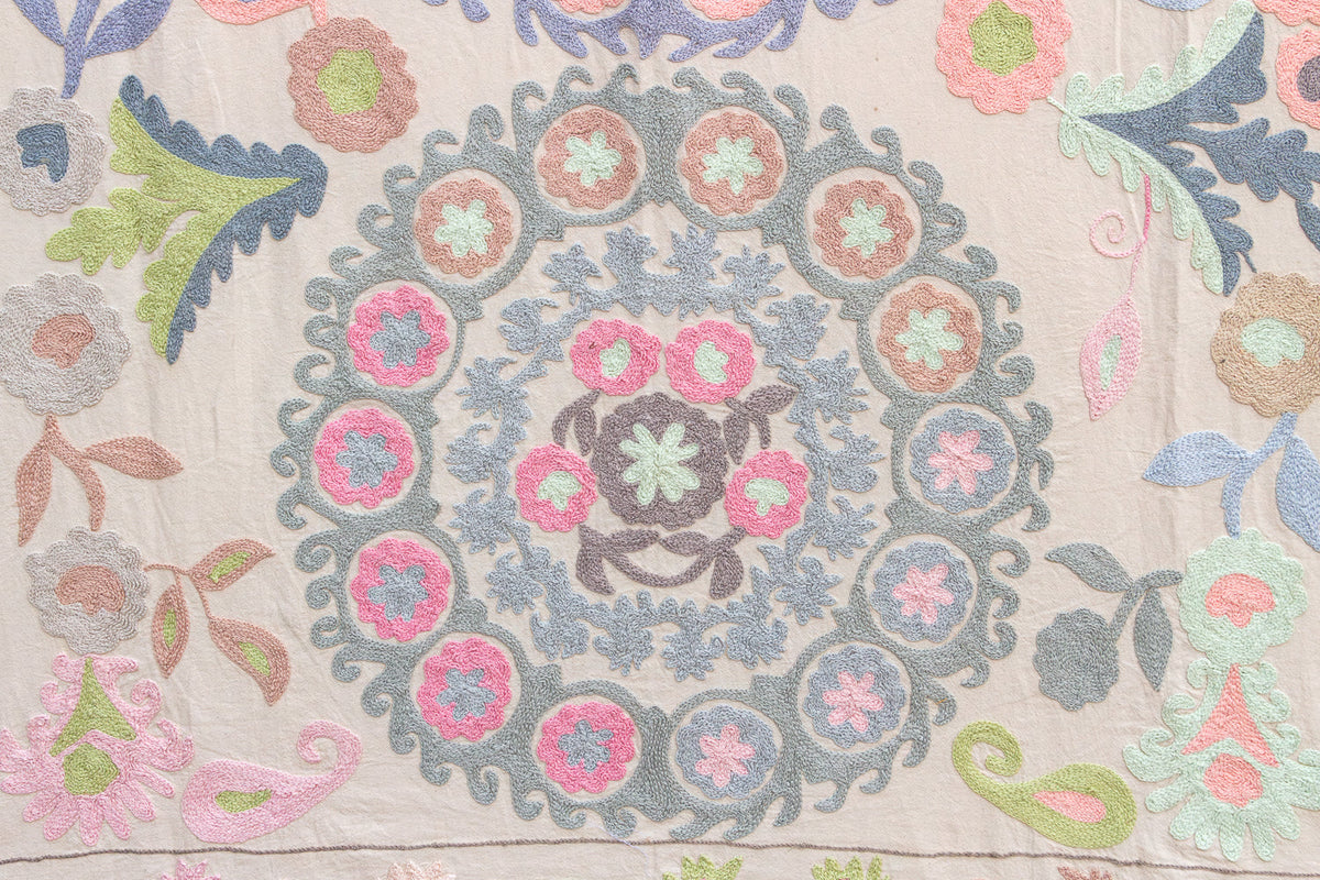 Romantic Pastel Hand Embroidered Suzani Tapestry