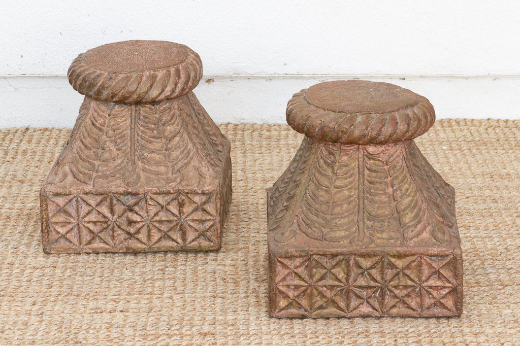 Pair of Antique Indian Pedestals with Engraved Metal