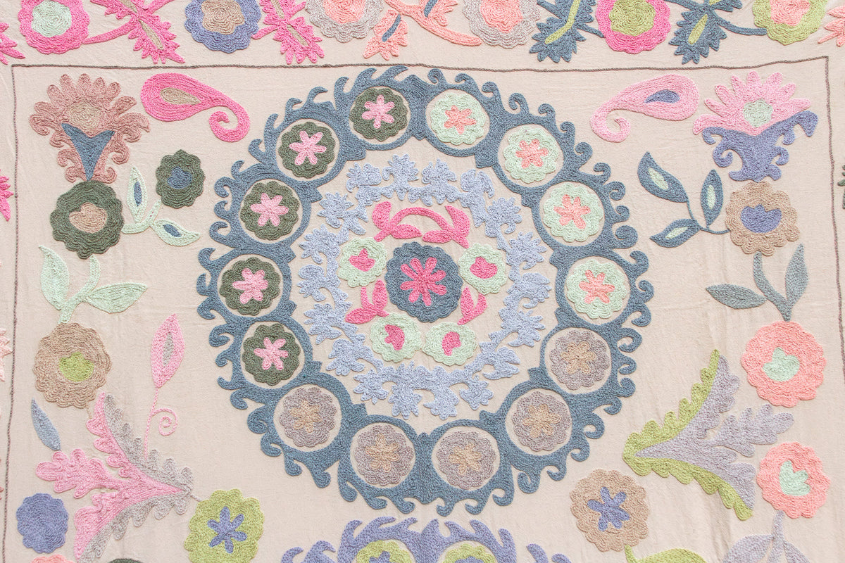 Romantic Pastel Hand Embroidered Suzani Tapestry