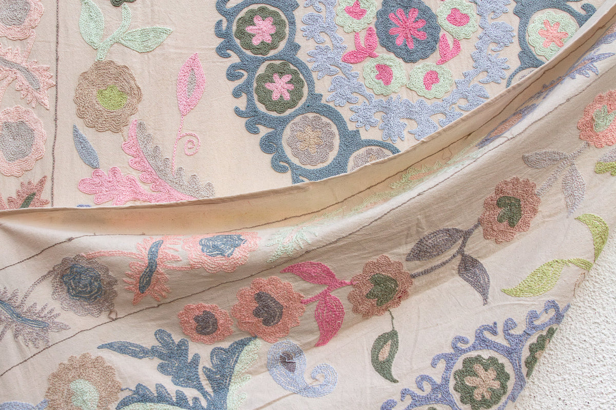Romantic Pastel Hand Embroidered Suzani Tapestry