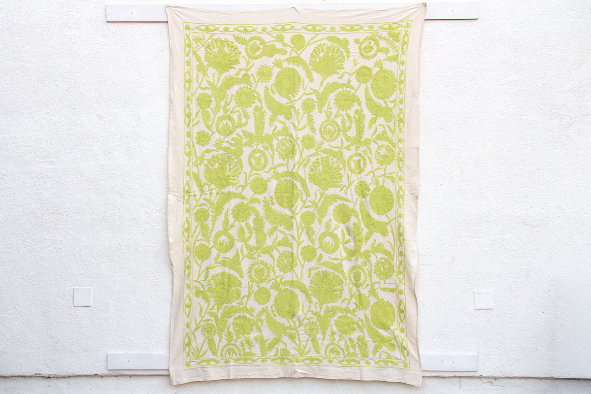 Vibrant Lime Green Hand-Embroidered Suzani Tapestry