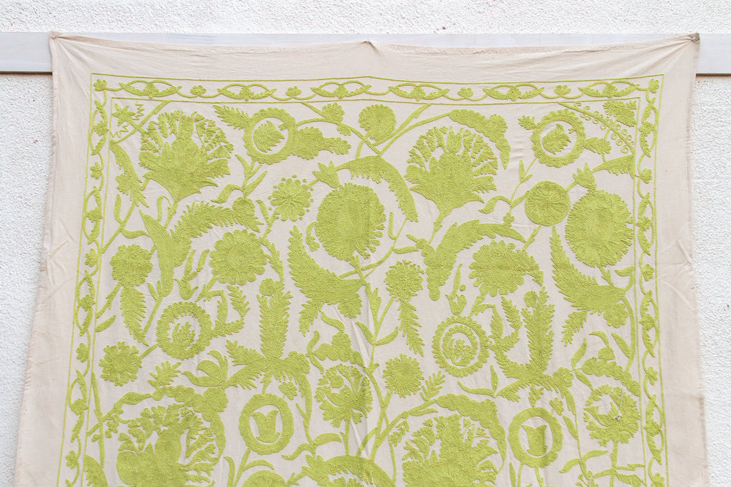 Vibrant Lime Green Hand-Embroidered Suzani Tapestry