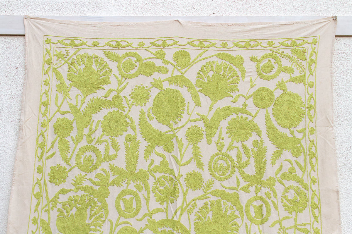 Vibrant Lime Green Hand-Embroidered Suzani Tapestry