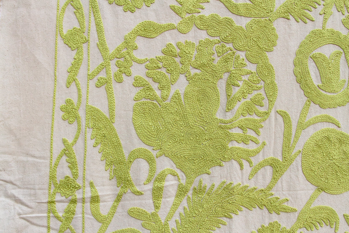 Vibrant Lime Green Hand-Embroidered Suzani Tapestry