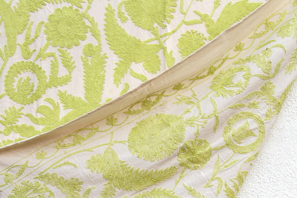 Vibrant Lime Green Hand-Embroidered Suzani Tapestry