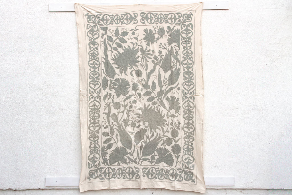 Exquisite Pearl Tone Hand-Embroidered Suzani Throw