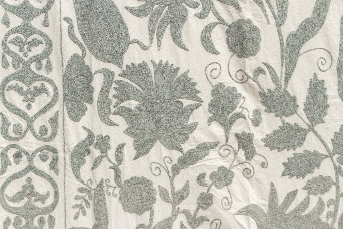 Exquisite Pearl Tone Hand-Embroidered Suzani Throw